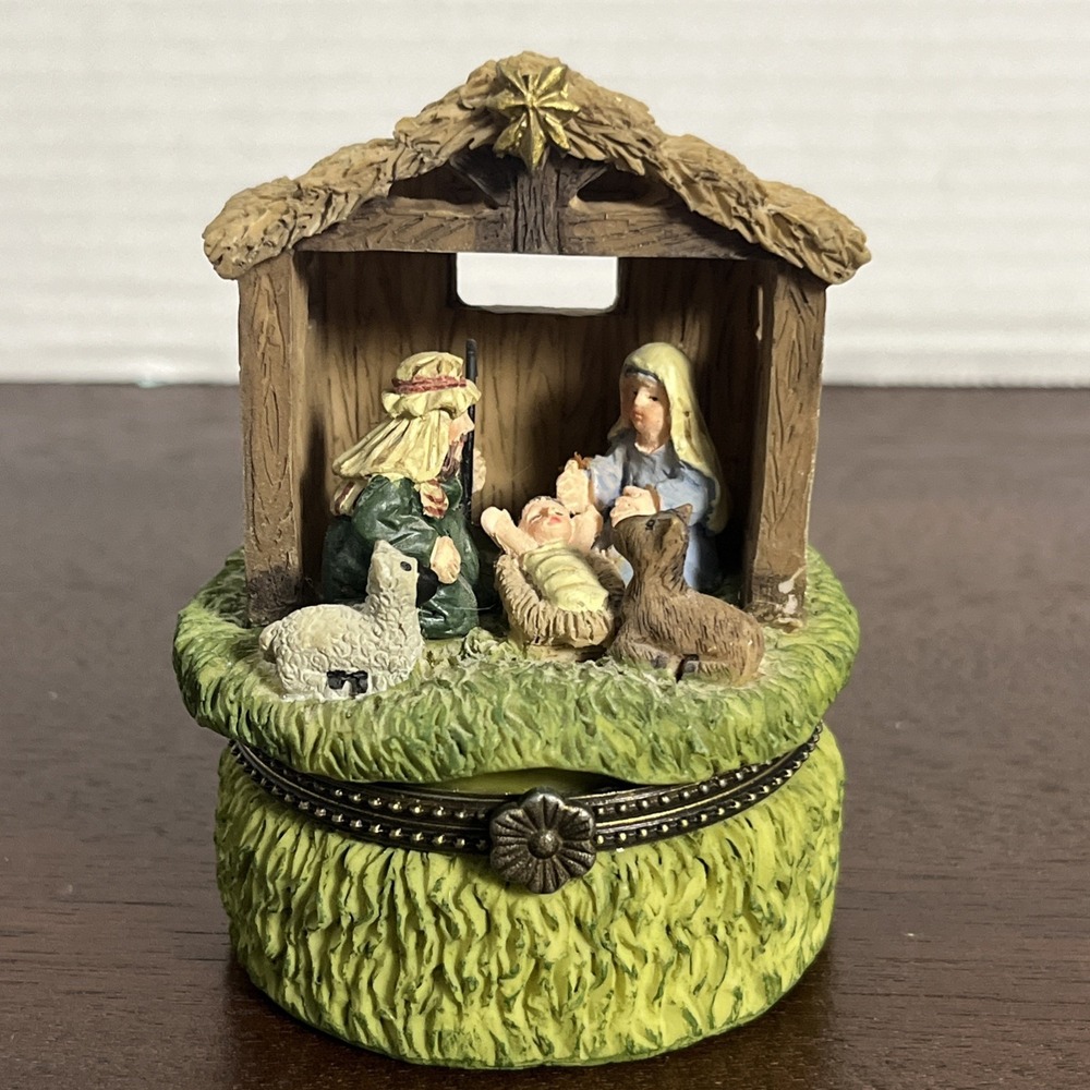 Vintage Nativity Trinket Box Baby Jesus Mary Joseph Hinged Christmas Keepsake